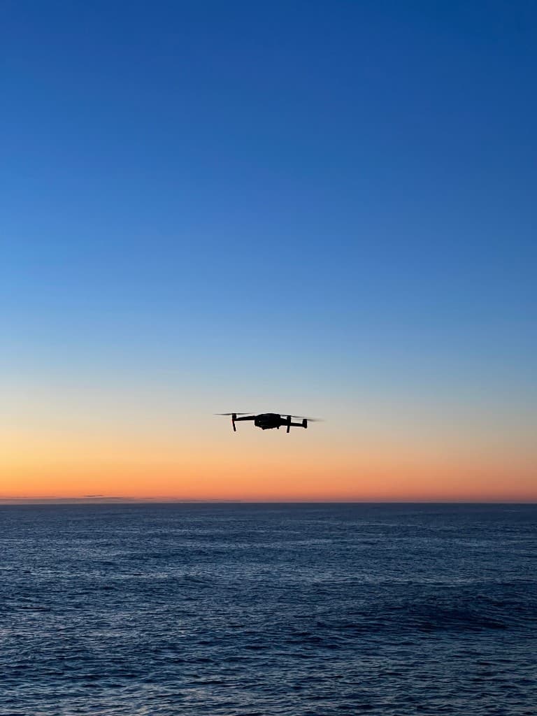 海上を飛行する無人航空機のシルエット